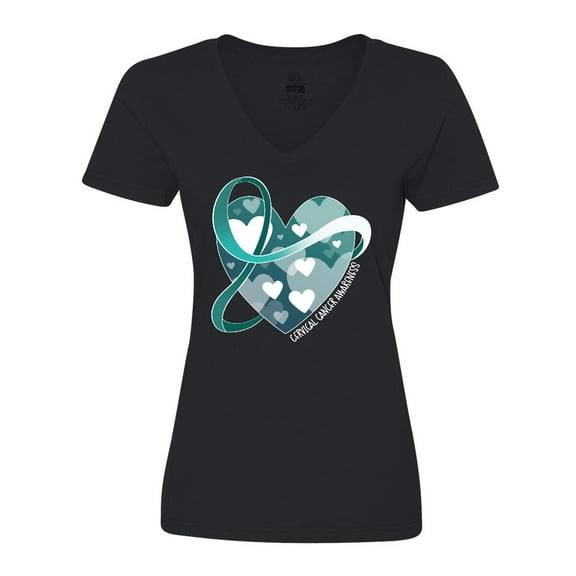 Inktastic Cervical Cancer Awareness Teal and White Ribbon Around Heart Women's V-Neck T-Shirt