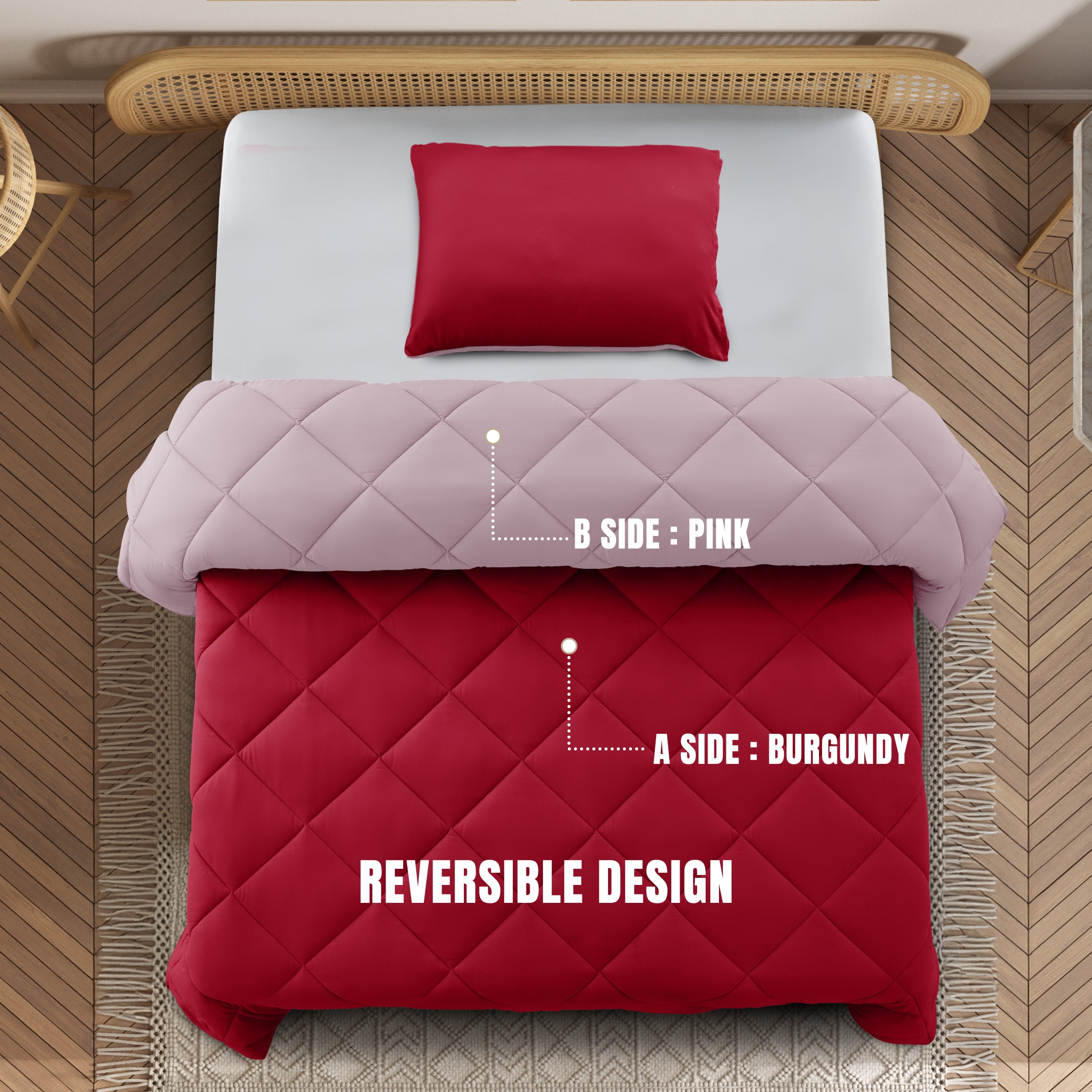 Lux Decor All-Season Comforter Sets Twin 2 PC, Reversible Bedding Set with Diamond Quilted Design Comforter and 1 Pillow Sham, Lightweight & Cozy Set de Cama Burgundy/Pink