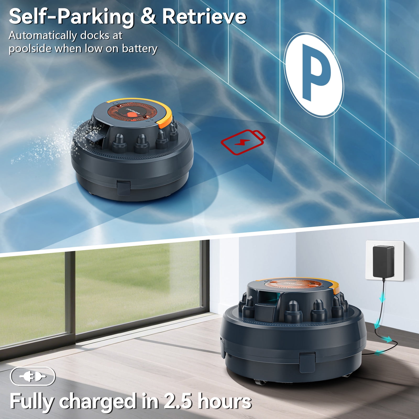 Poolease Swimming Pool Vacuum, Cordless Robotic Pool Cleaner, 2L Debris Tank, Auto-Parking, 9 Safety Protections, 40% Bigger Suction Inlets, for Pool Cleaning
