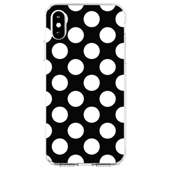 DistinctInk Clear Shockproof Hybrid Case for iPhone X / XS (5.8" Screen) - TPU Bumper, Acrylic Back, Tempered Glass Screen Protector - White & Black Polka Dots