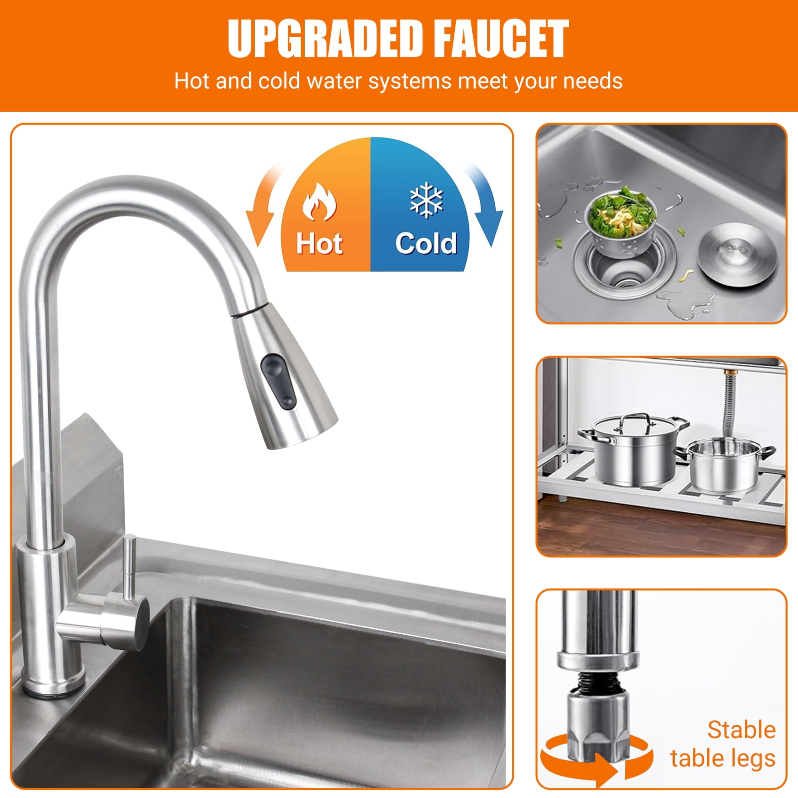 Stainless Steel Utility Sink, Freestanding Single Bowl Kitchen Sink with Cold and Hot Water Pipes/Pull-Out Faucet/Storage Shelf, Commercial Laundry Sink for Indoor Outdoor