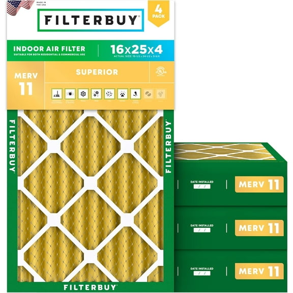 Filterbuy 16x25x4 MERV 11 Allergen Defense, Pleated HVAC AC Furnace Air Filters (4-Pack)