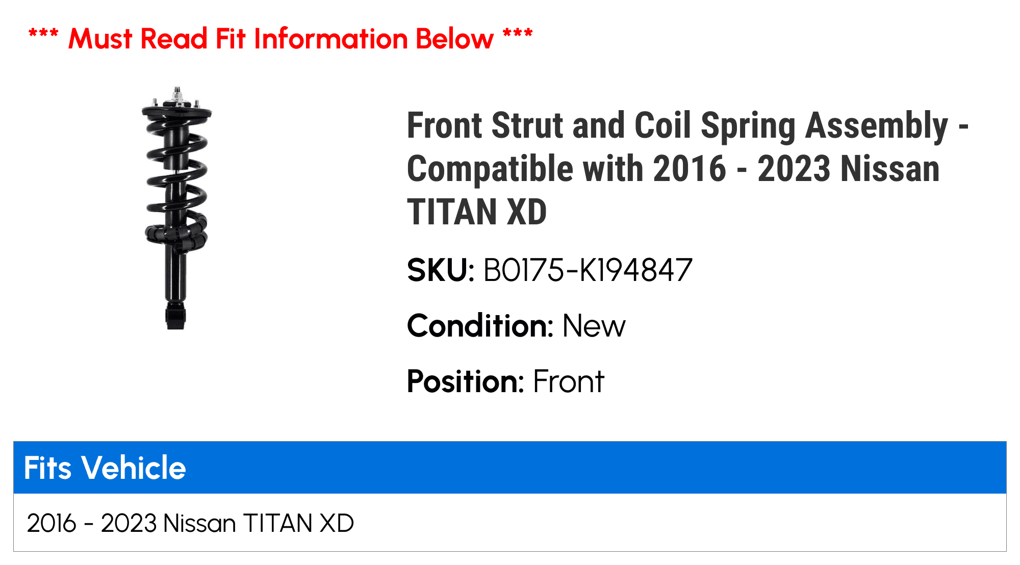 Front Strut and Coil Spring Assembly - Compatible with 2016 - 2023 Nissan TITAN XD 2017 2018 2019 2020 2021 2022