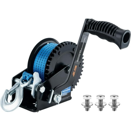 AC-DK 1600lbs Heavy Duty Boat Trailer Winch with 26FT Blue Strap, 2-Way Ratchet & 4:1 Gear Trailer Winch, Portable Hand Crank Winch.