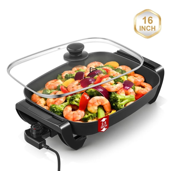FOHERE 16 inch Electric Skillet, with Non-Stick Coating, Tempered Glass Cover, Precise Temperature Control, 1500W