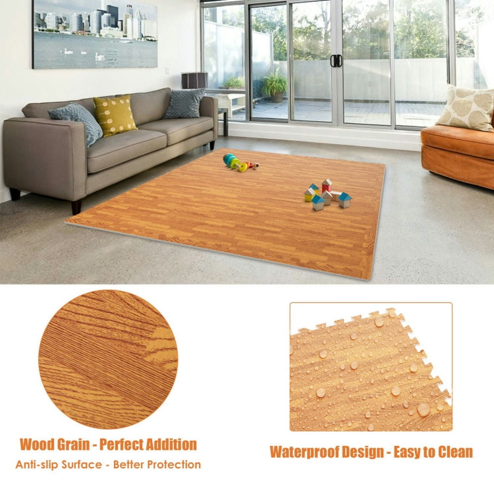Spaco 12 Pieces Wood Grain Interlocking Floor Mats, Safe and Comfortable EVA Material Floor Mats, Forest Printed Foam Mats for Indoor, Natural