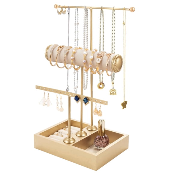 Organizador de Joyas de Metal, Estante de Joyas de 3 Niveles, Soporte para Joyas con en Forma de T para Arete, Pulseras, Relojes, Anillos, Collares, Oro