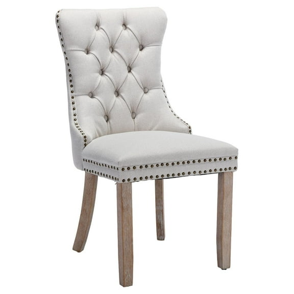 Drevy Set of 2 Linen Fabric Dining Chairs Tufted Back with Nailed Trim and Back Ring Pull Home Kitchen Dining Room Chairs Armless Side Chairs Rubber Wood Legs (Beige Linen)