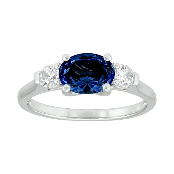Brilliance Fine Jewelry Oval Created Blue Sapphire and White Cubic Zirconia Ring in Sterling Silver