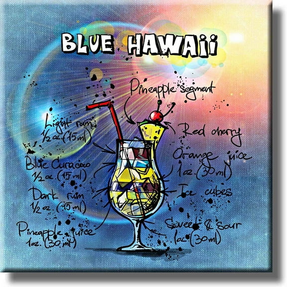 Blue Hawaii Recipe Drink Picture on Stretched Canvas, Wall Art Decor, Ready to Hang!