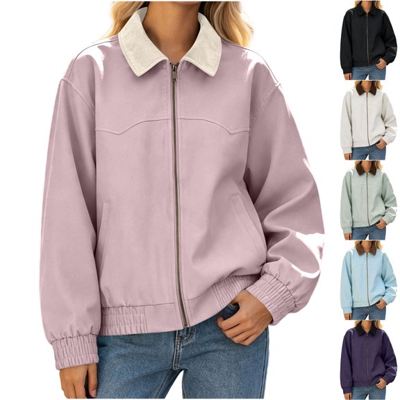 Women Contrast Collar Full Zip Elastic Cuff Hem Bomber Jacket with Side Pockets Loose Casual Outerwear