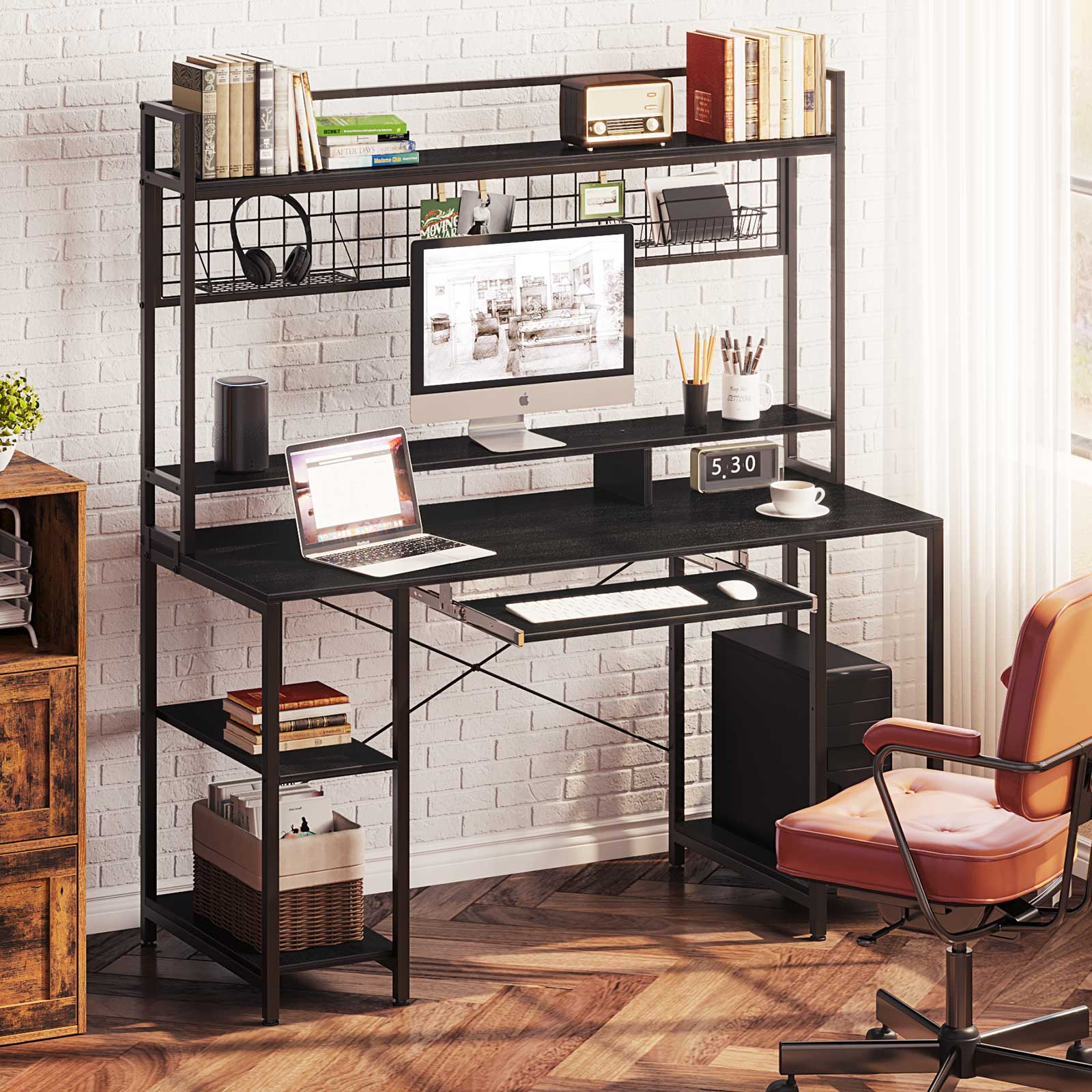 Reversible Writing Desk with Storage Shelves, Monitor Riser & Side Pegboard  Organizers