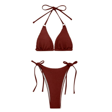 Gubotare Bikini Sets For Women Women s Graphic Swimsuit Tie Front Bandeau and High Waist Panty Bikini Set Bathing Suit Coffee S