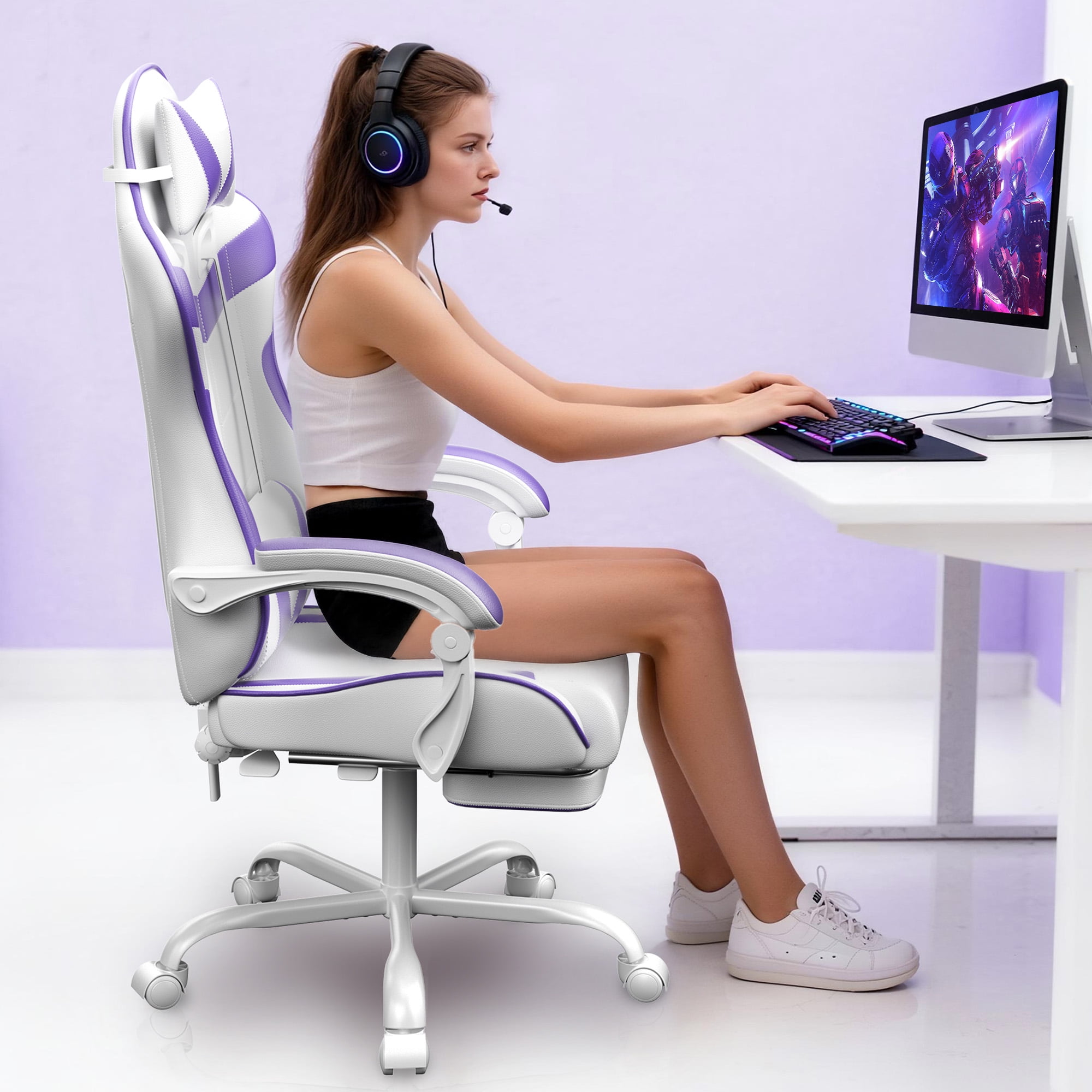Gaming Chair, Seenda Video Game Chair with Footrest and Lumbar Support, Ergonomic Computer Chair Height Adjustable with Swivel Seat and Headrest