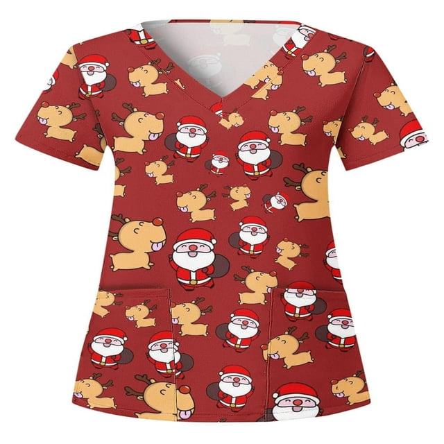 Hauts Style Infirmière à Imprimé Renne pour Femmes T-shirt de Noël