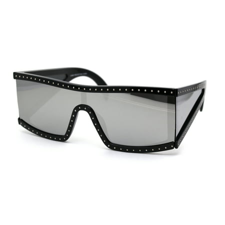 Funky Punk Rock n Roll Studded Plastic Shield Sunglasses Black Silver Mirror