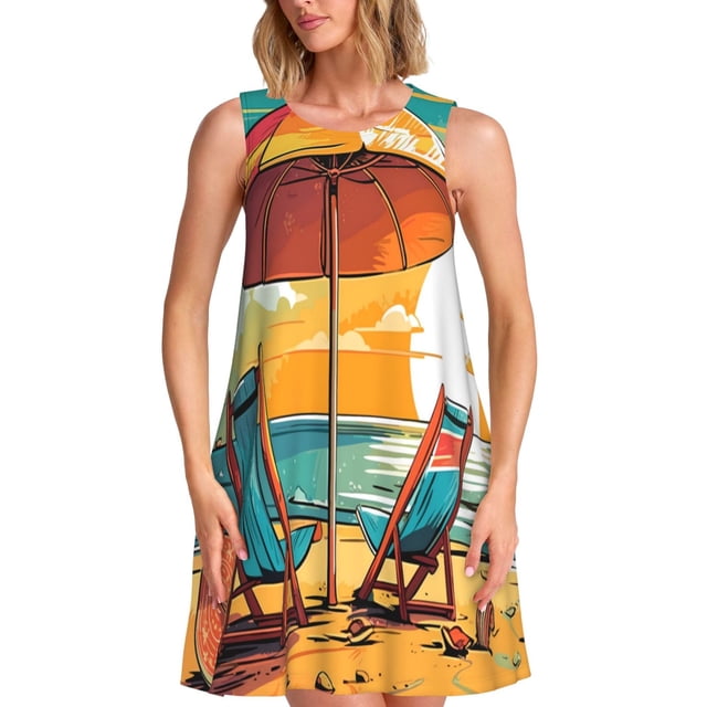 Balery Vintage Beach Sunset Vestidos de verano para mujer con estampado: vestido holgado sin mangas, vestido playero informal y cómodo para días calurosos.