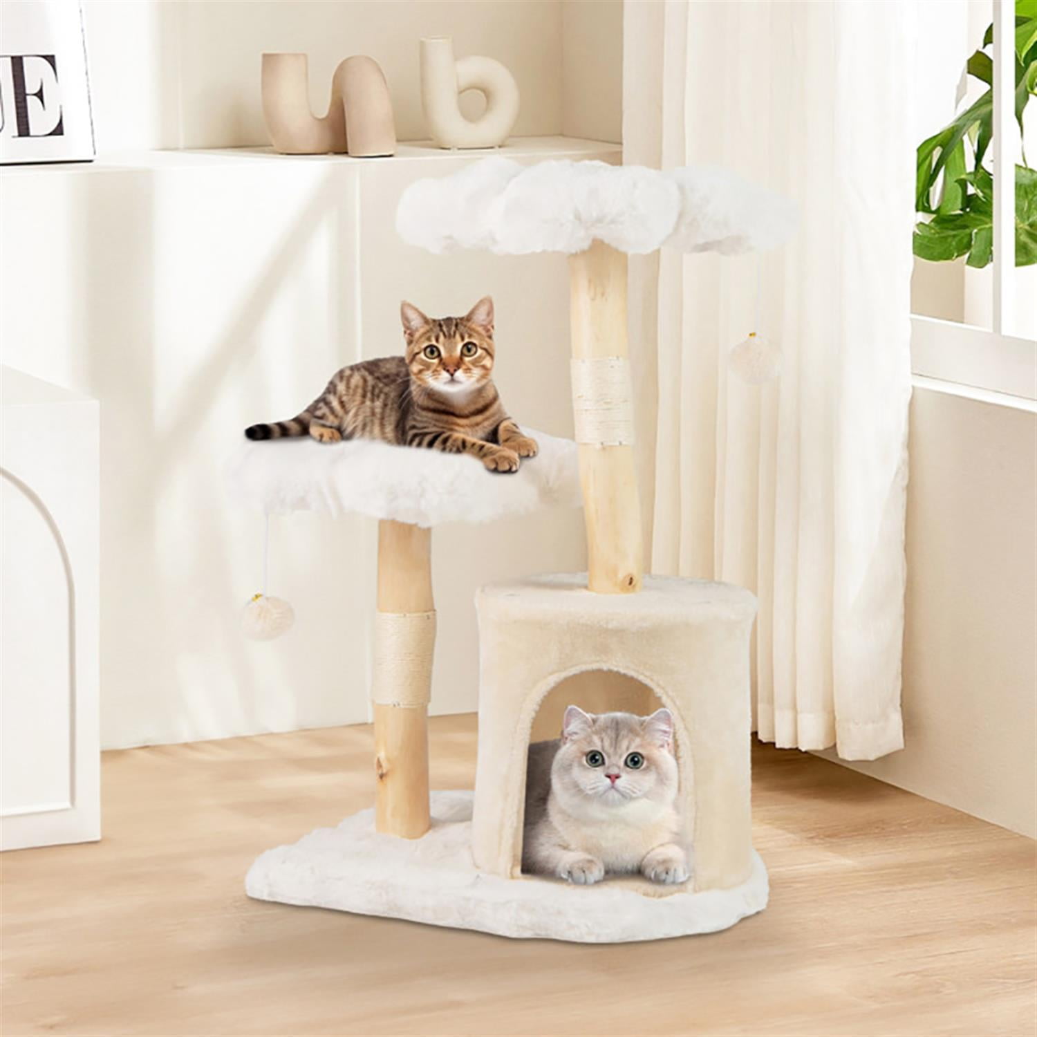 resenkos 32" Cat Tree Tower with Natural Branch for Indoor Cats, Cute Plush Cat Tree House with Scratching Posts and Dangling Ball, Beige