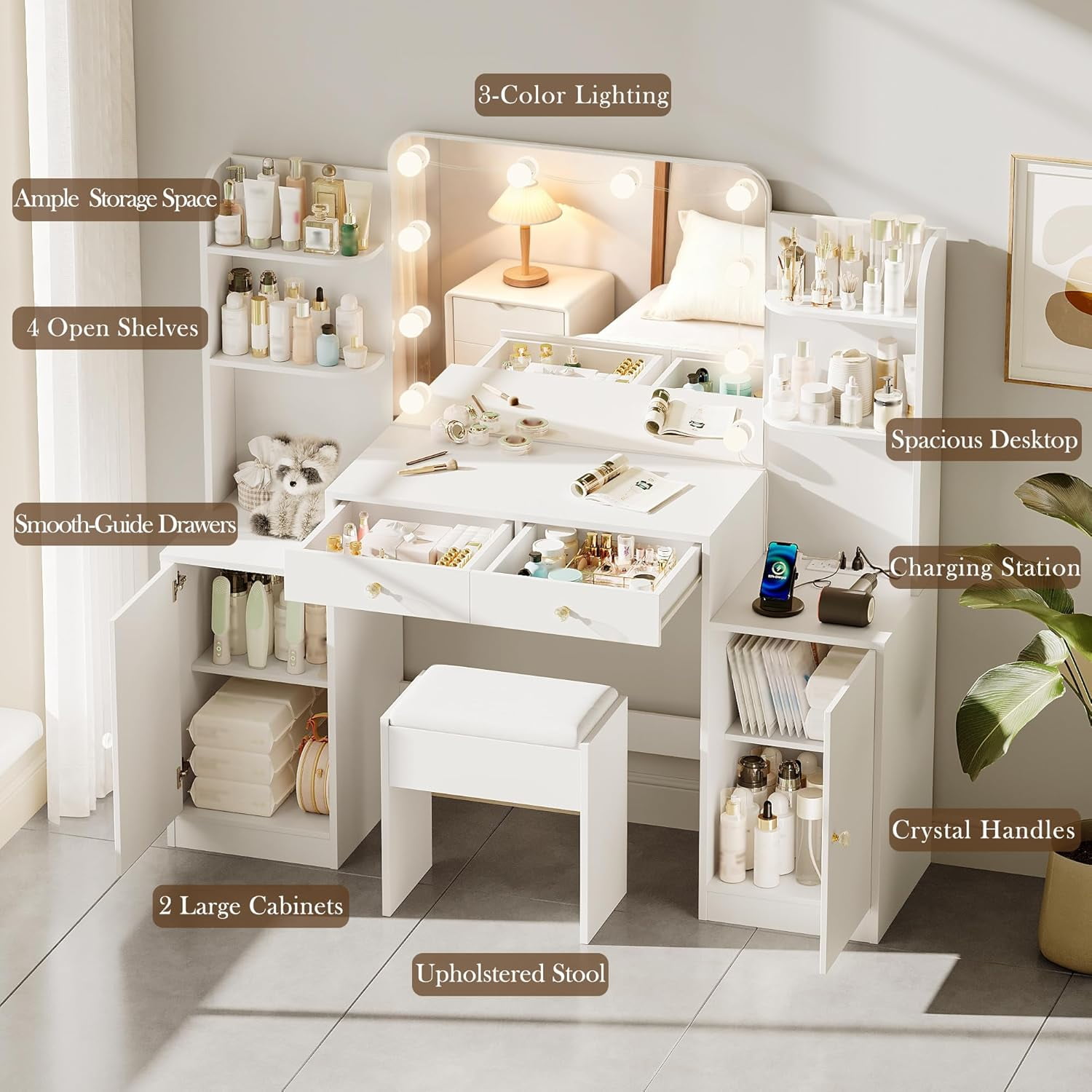 53" Makeup Vanity Set with Mirror and Lights, Pipleo Big White Makeup Vanity Desk with Chair and Power Outlet, 3 Color Lighting Modes & Adjustable Brightness for Bedroom