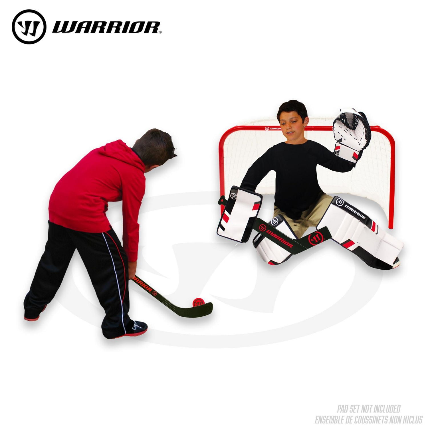 Ensemble combo de mini but de hockey Warrior 31" Pro-Style - Filet en métal de 31", 2 mini bâtons de joueur, 1 mini bâton de gardien et 1 mini balle de hockey