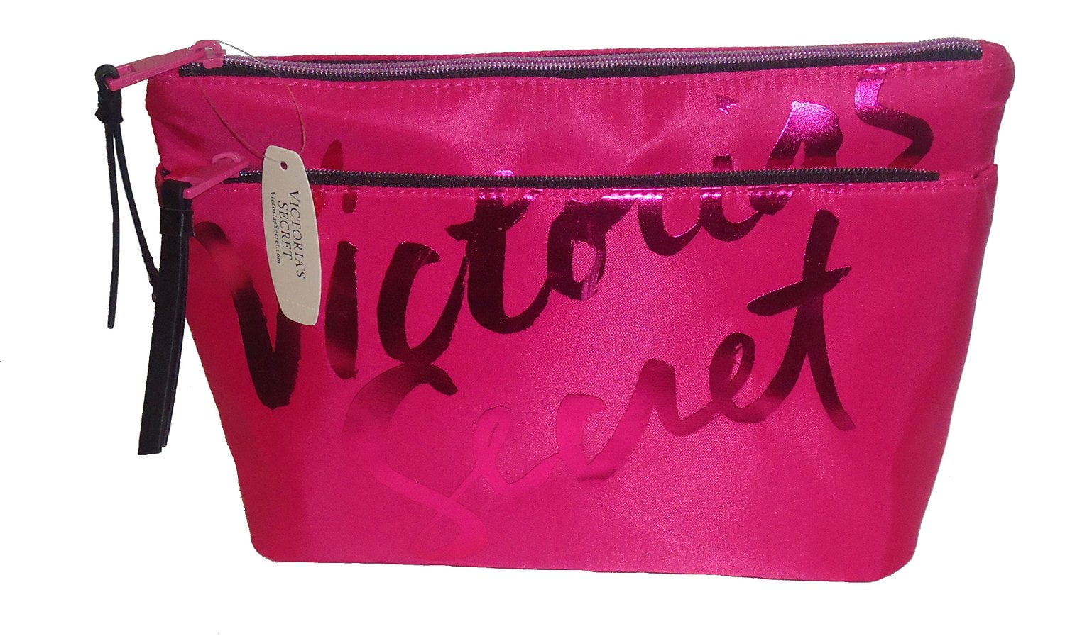 Victoria's Secret Satin Double Zip Cosmetic Make-up Bag Hot Pink Gold
