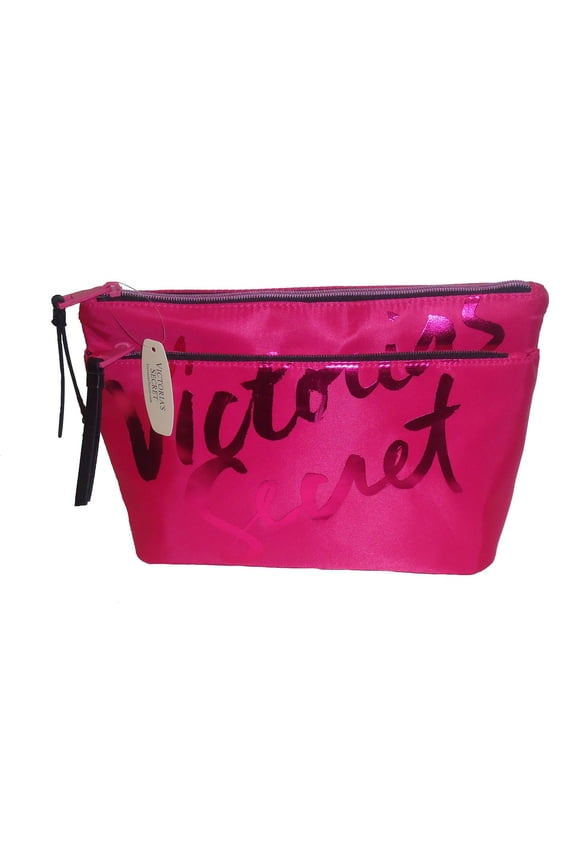 Satin Double Zip Cosmetic Make-up Bag Hot Pink Gold