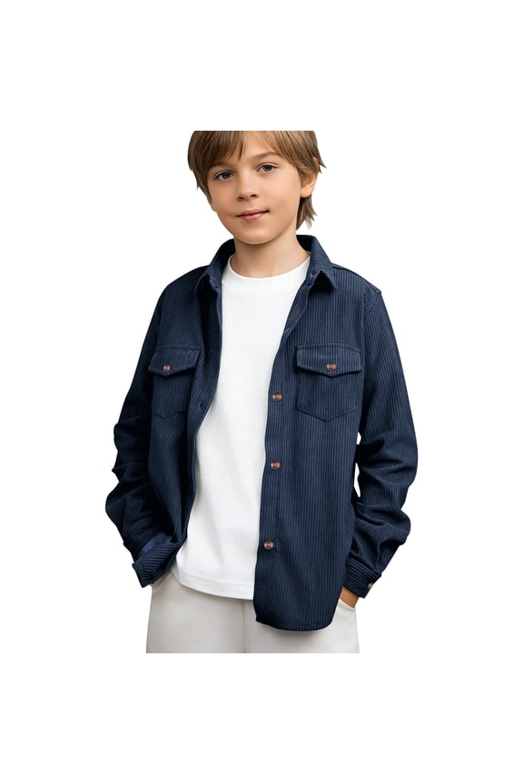 Boys Fall Shacket Long Sleeve Button Up Jacket Collared Lightweight Overshirt with Pockets (Navy, 11-12 Years)