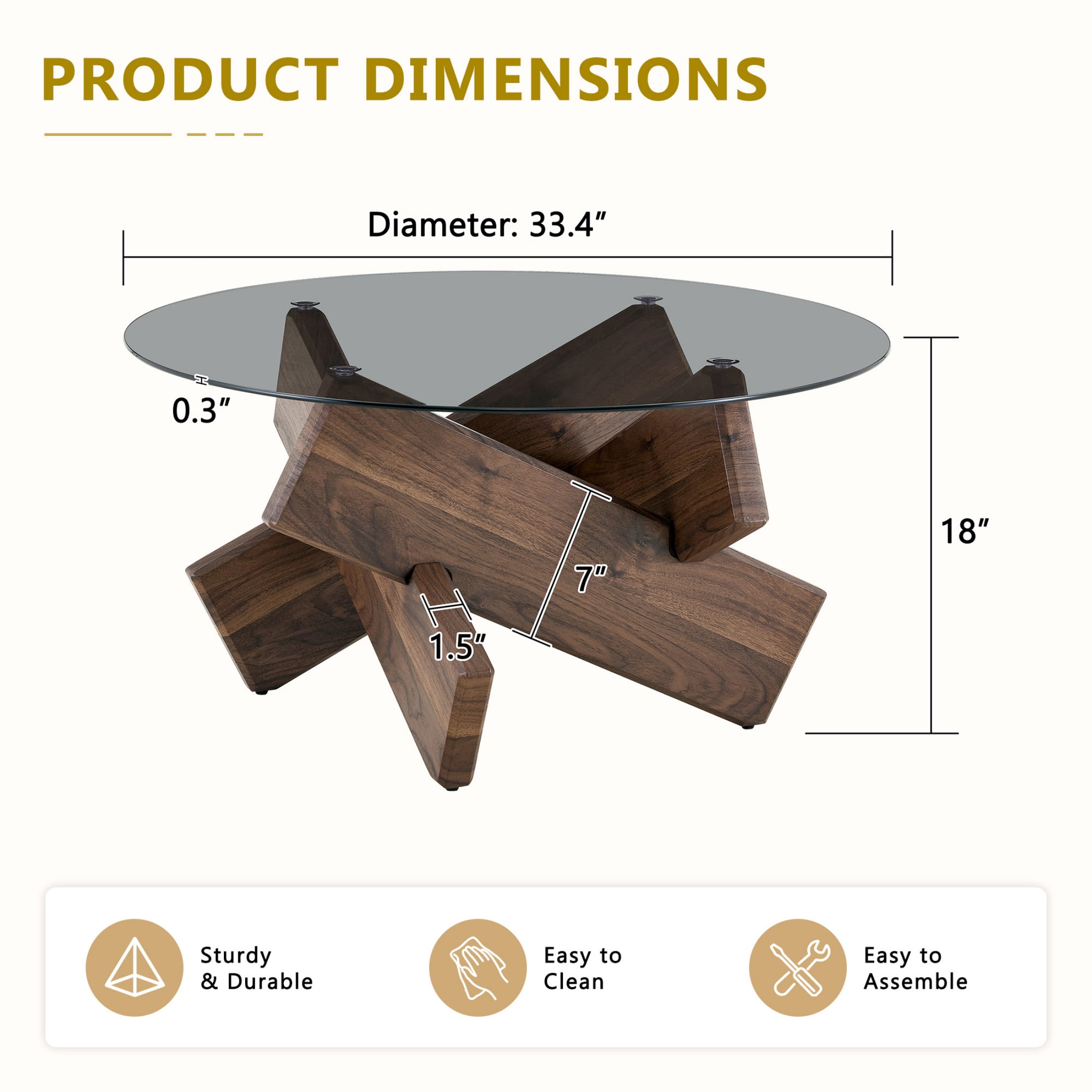 Vinform Round Coffee Table for Living Room, Gray Glass, Walnut