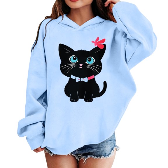 Kids Girls Hooded Sweatshirt, Loose Korean Style Hoodie, Lightweight Long Sleeve Pullover Outerwear, Casual Back to School Top for Autumn Winter Daily Outdoor Wear(Blue1,8-9 Years)
