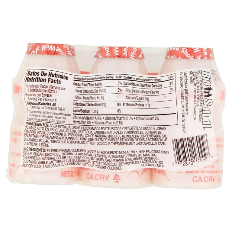 El Viajero Bio Salud Strawberry Cultured Dairy Beverage, 2.1 fl oz, 6 Count