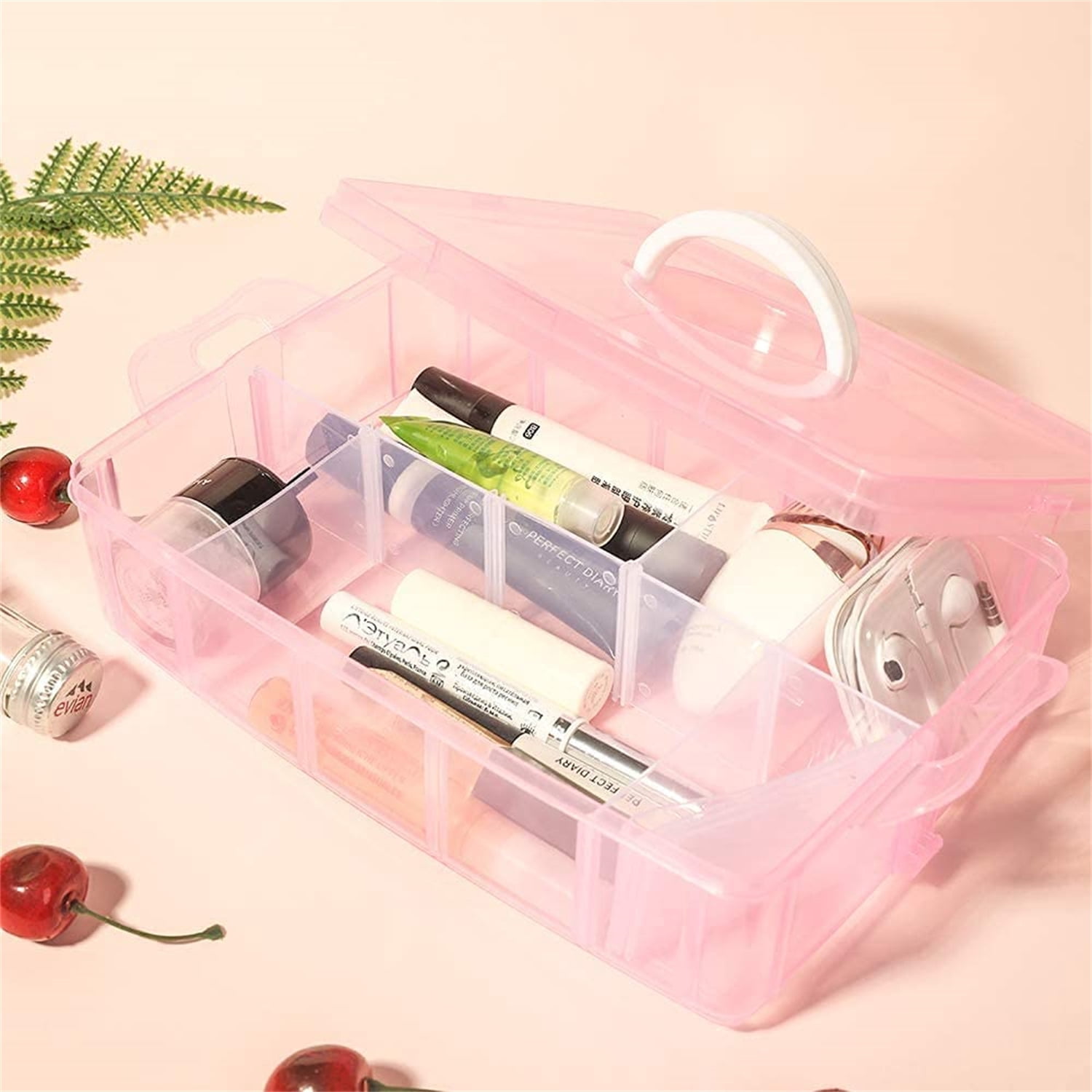Casewin 3-Tier Transparent Stackable Adjustable Compartment Slot Plastic Craft Storage Box Organizer Snap-Lock Tray Container with 30 Compartment Pink