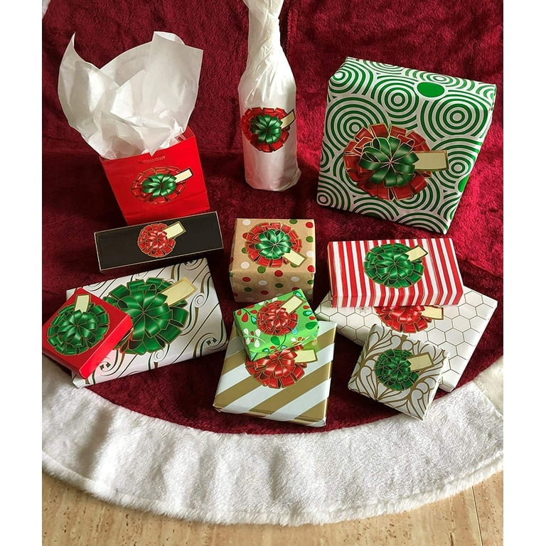 Bowdacious Gift Bows, 54 Christmas Holiday Bows, 3D Looking Gift Bow Stickers with Foil Accents and Attached Gift Tag. No More Crushed Bows!