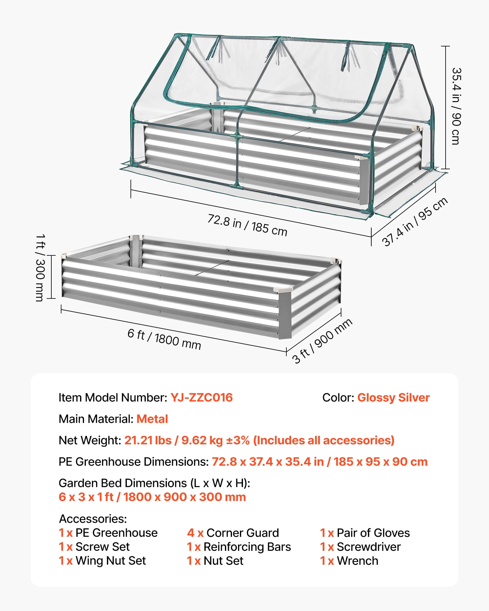 VEVOR Raised Garden Bed with Cover, 6 x 3 x 1 ft, Rectangular Galvanized Metal Planter Box Kit Outdoor, with PE Greenhouse Cover & Gloves, Rustproof Alu-Zinc, for Growing Flowers Vegetables, Silver