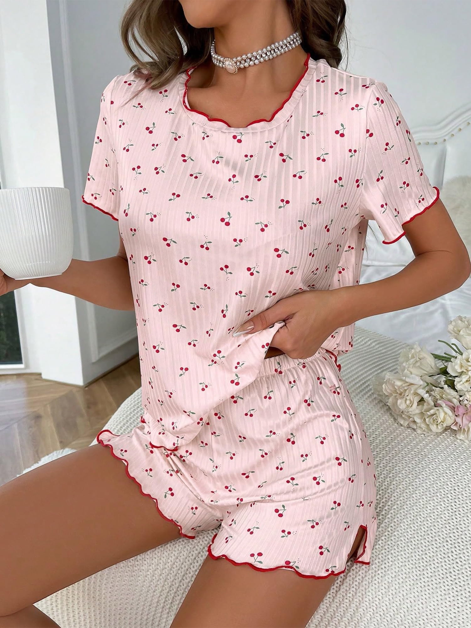 Women Pajamas Set Cherry Print Frill Short Sleeve Tops and Elastic