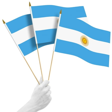 G128 24 Pack Handheld Argentina Argentinian Stick Flags | 12x18 In | Printed 150D Polyester, Country Flag, Solid Wooden Stick, Spear Gold Tip