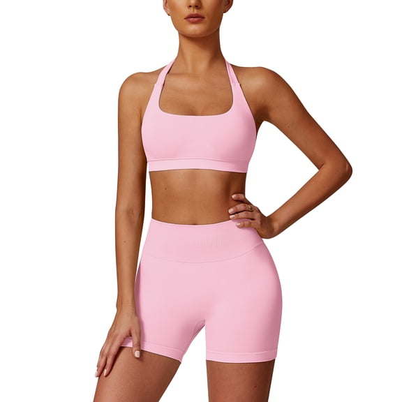 IDOPIP Workout Sets for Women 2 Piece Seamless Halter Sports Bra Top High Waisted Scrunch Butt Impact Shorts Gym Yoga Activewear Outfits