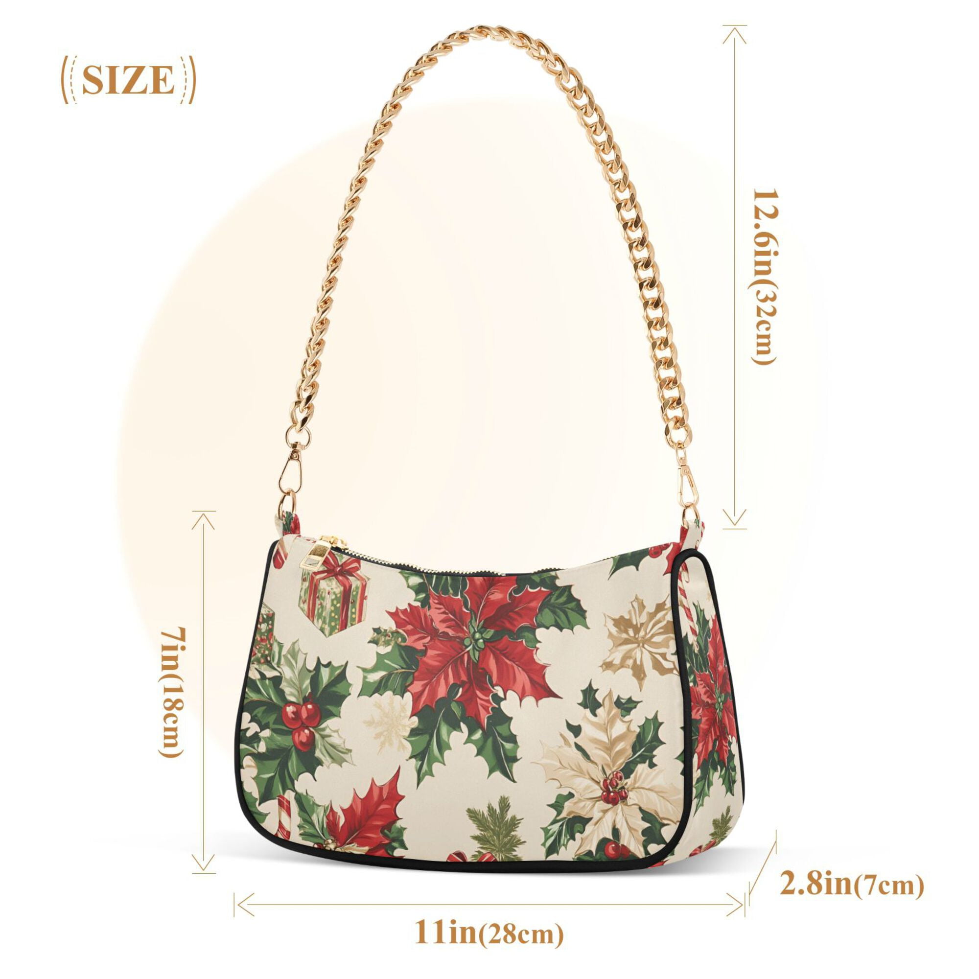 FORMRS Womens Shoulder Bag with Chain Strap Clutch Purse Cute Tote Handbag, Christmas Poinsettia