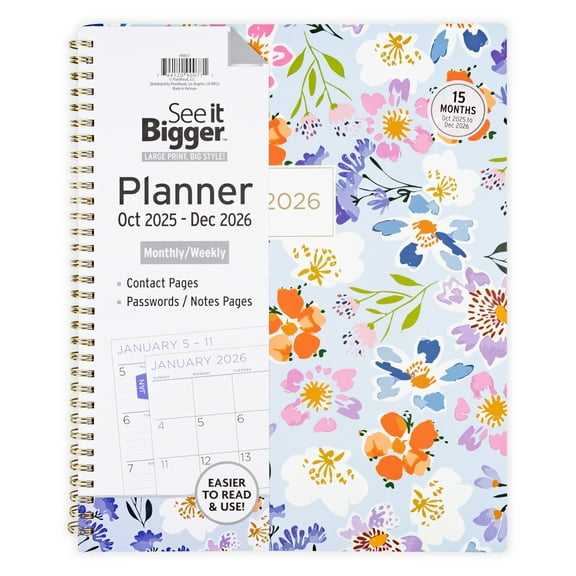 See it Bigger Monthly Weekly Planner Large (9″x 11") Oct 2025 -Dec 2026