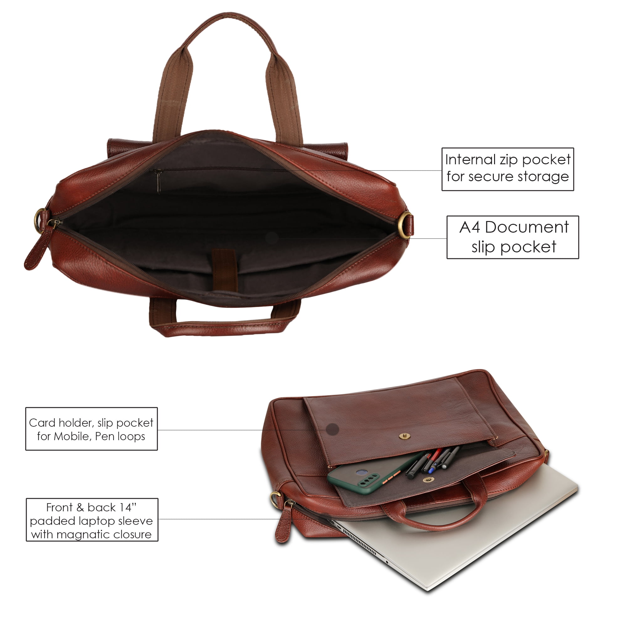 Wellbourne Sauve Cuer 14 Inch Leather Laptop Bag Crossbody messenger Handbag for Computer Perfect for Meetings Office Business Travel - Maroon