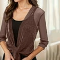 thumbnail image 7 of qolati Womens Glitter Sheer Shrug Elegant 3/4 Sleeve Tie Front Cropped Cardigans Party Lightweight Mesh Bolero Shrugs Coffee L, 7 of 7