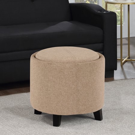 Antique Charm Round Storage Ottoman with Reversible Tray Lid Fabric Upholstery Solid Wood Legs Hidden Storage Multi-Purpose Footrest or Side Table