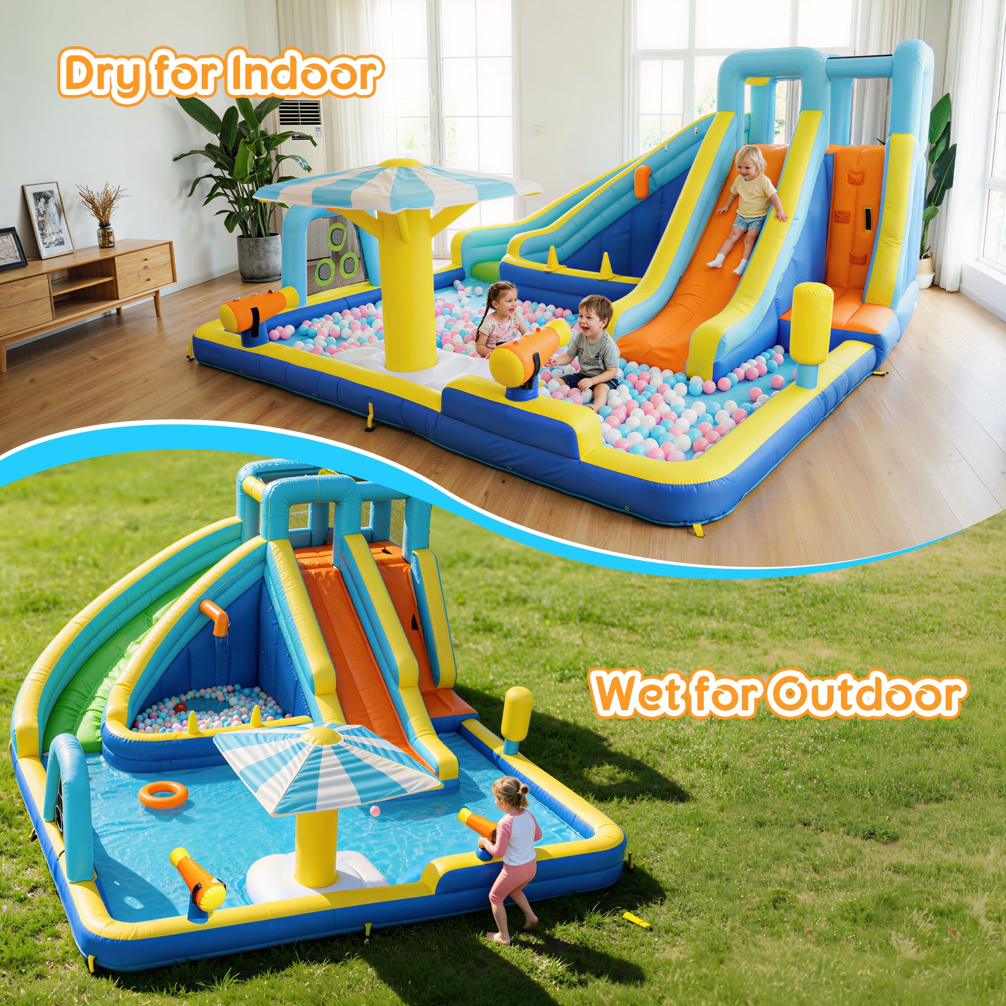SaveJoy Giant 11-in-1 Inflatable Water Slide Bounce House, 197''x169''x87'', 750W Blower, Summer Water Park for Kids 3-8, Indoor & Outdoor Use