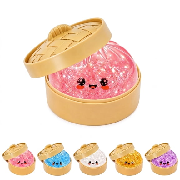 Dumpling Squishy Fidget with Steamer Case, Glitter Stretch Squeeze Ball, Soft Sensory Stress Relief for Holiday Birthday Gift