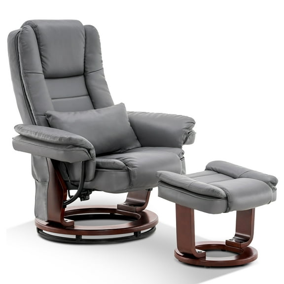MCombo Leather Black and Cream White Living Room 360 Degree Swivel Recliner with Ottoman