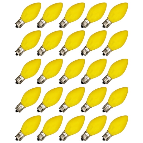 Box of 25 Light Bulbs -C7, Steady Burning - Opaque Yellow - 5 Watt - Candelabra Base -Great for Night Lights, Decorative Lights and Christmas Strings