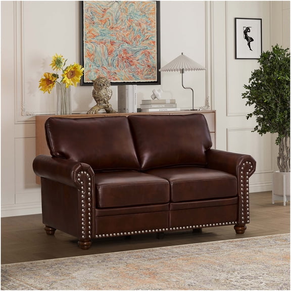 Burgundy PU Leather Loveseat Sofa with Storage for Living Room, Compact 2-Seater