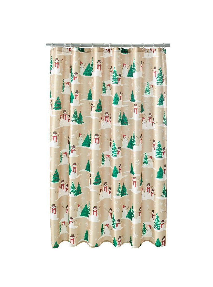 NEW Holiday Fabric Shower Curtain "Merry Mistletoe" 70" x 70" Snowman Xmas Trees 