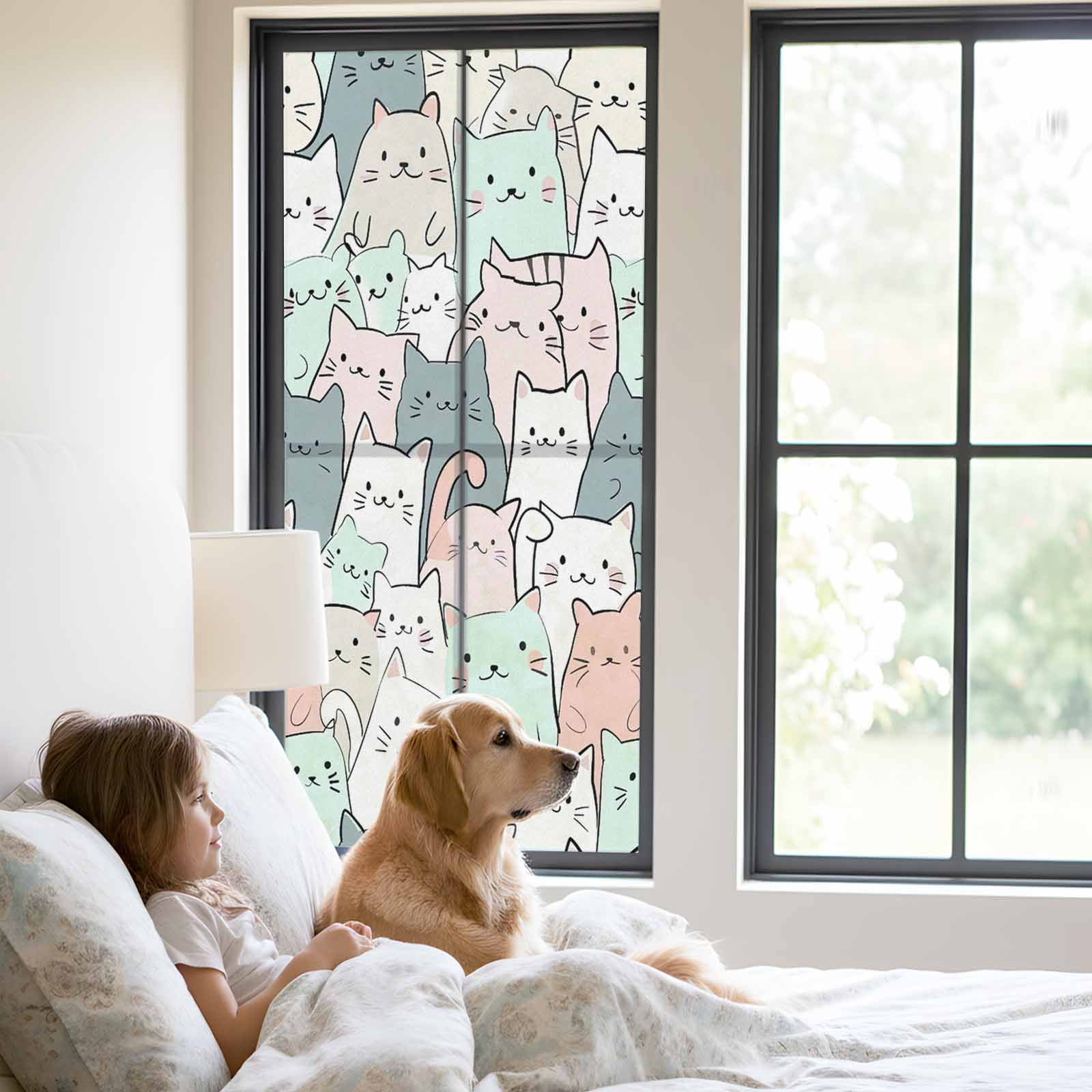 Cartoon Cat Window Privacy Film, Funny Cute Colorful Animal Pet Static Cling UV Sun Blocking Tint Film Heat Control Windows Films for Bedroom Bathroom, Window Stickers 23.6"x59"