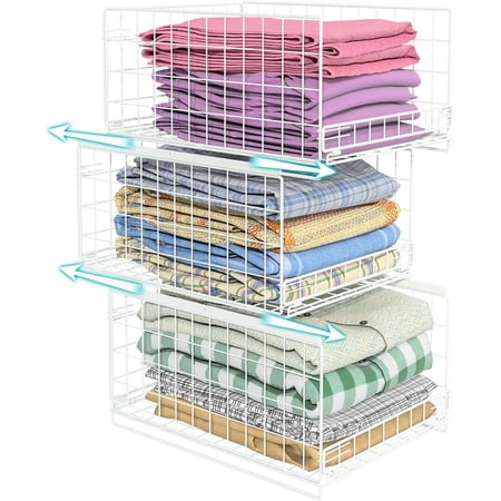 3-Tier Stackable Closet Organizers and Drawer Storage Shelves - Sliding Storage Bins for Jeans, Pants, and Sweaters - Wardrobe Cupboard Organizer for closet organization-White