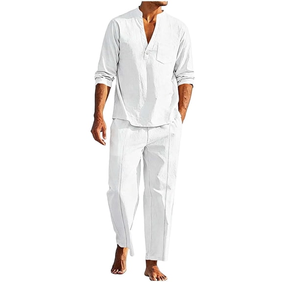 hotojiny Men's 2 Pieces Linen Set Lightweight Henley Shirt Long Sleeve Top and Casual Beach Pants Summer Yoga Outfits(White,X-Large)